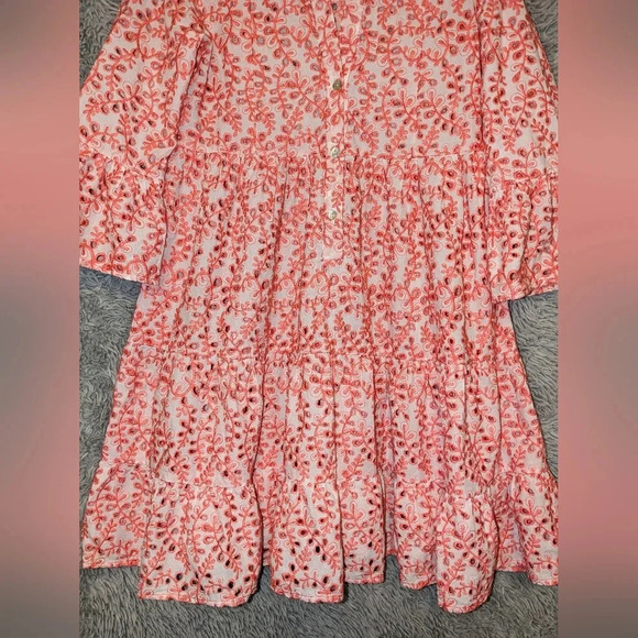 KASIA Tuckernuck Cutwork Tiered Split Neck Holiday Dress Coral/white Size Small - Picture 10 of 12